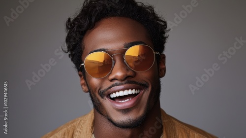 A smiling man with sunglasses poses against a neutral backdrop, showcasing a stylish look and vibrant personality