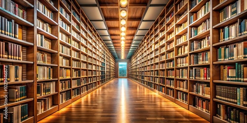 Serene aisle between bookshelves in modern library with soft lighting and warm ambiance