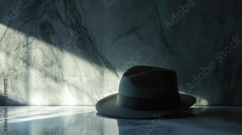 A sleek hat placed on a smooth marble surface, illuminated by soft, diffused light. photo