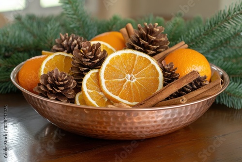 festive table decor, slices of dried citrus are placed in a copper bowl alongside pinecones and cinnamon sticks, creating a charming centerpiece on a dining table photo