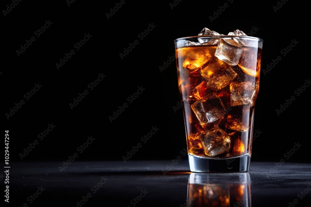 Silhouette glass of cola with ice cubes isolated on black background