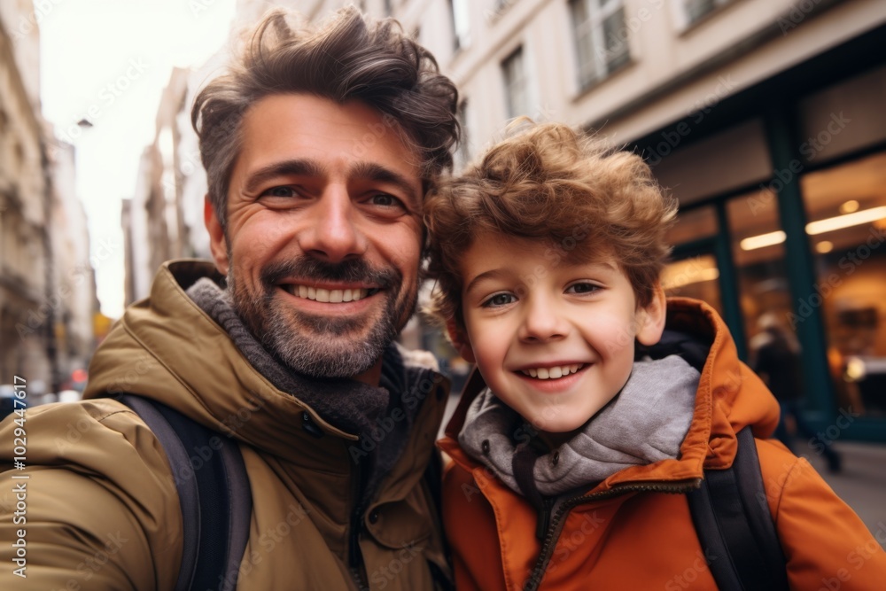 Close up of father and his son taking selfie in city Close up of father and his son taking selfie in city