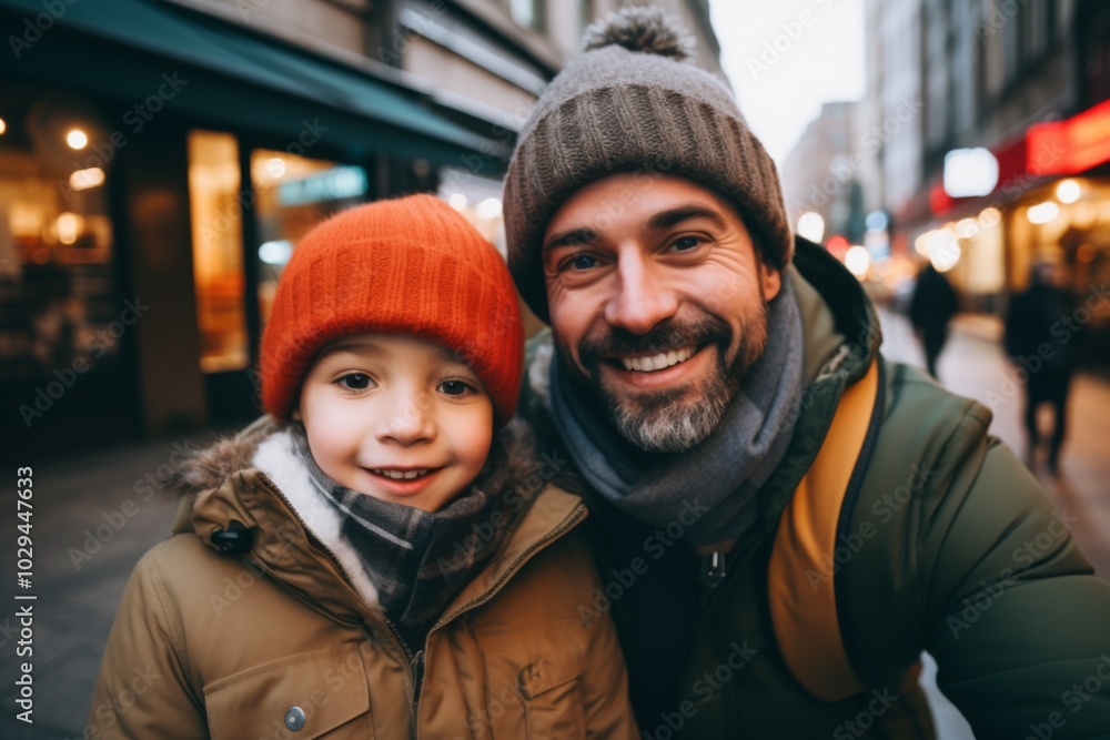 Close up of father and his son taking selfie in city Close up of father and his son taking selfie in city