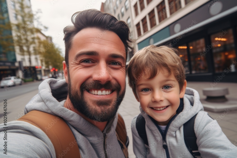 Close up of father and his son taking selfie in city Close up of father and his son taking selfie in city