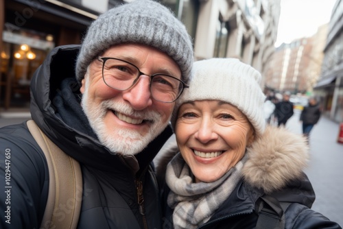 Close up of senior couple taking selfie in city