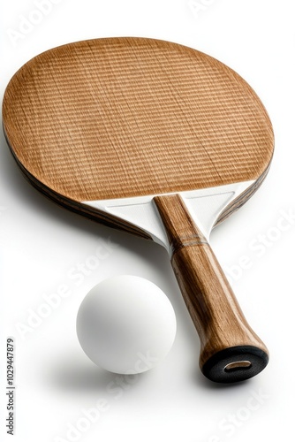 A ping pong paddle along with a ball set against a plain white background photo