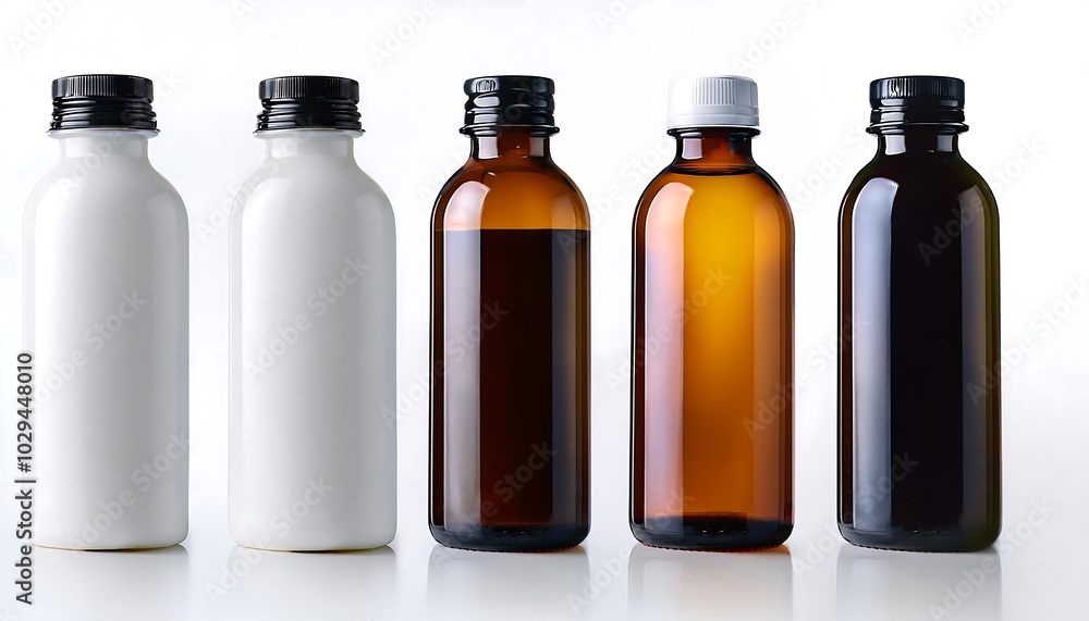 Mockup of black, white, and amber bottles with white labels arranged neatly on a bright background. Generative AI Mockup of black, white, and amber bottles with white labels arranged neatly on a bright background. Generative AI
