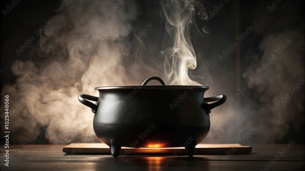 Silhouette of a cauldron with national soup cooking on a stove Silhouette of a cauldron with national soup cooking on a stove