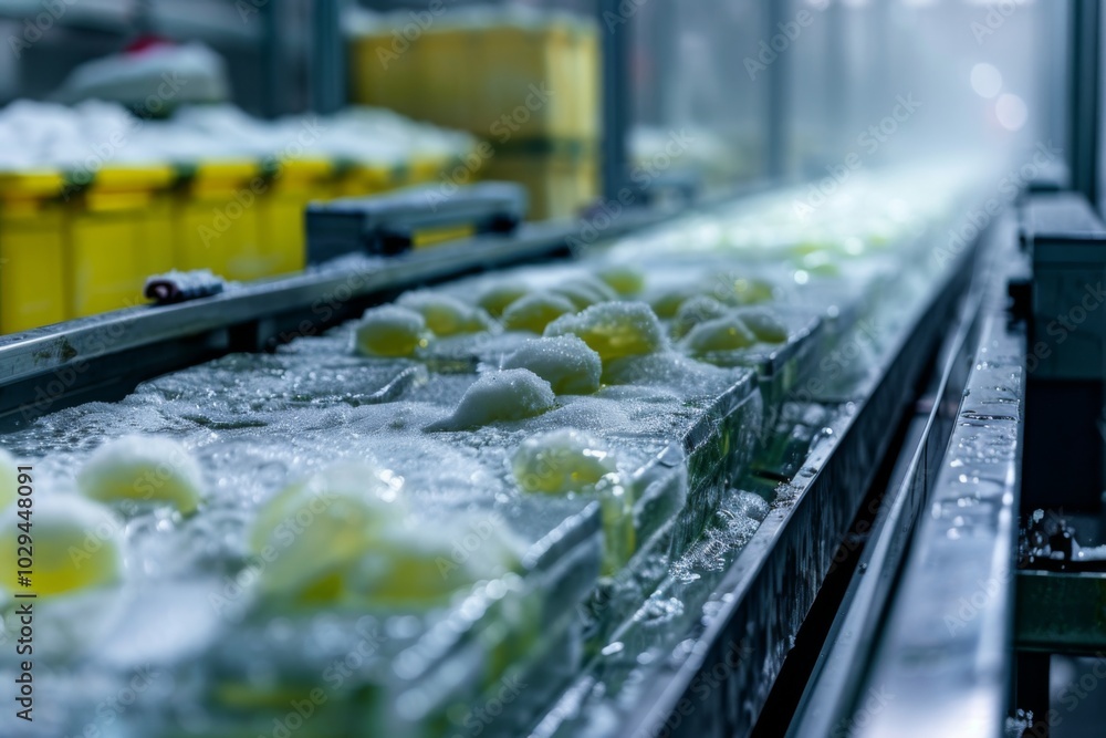 Frozen food products being processed through an automated conveyor belt Frozen food products being processed through an automated conveyor belt