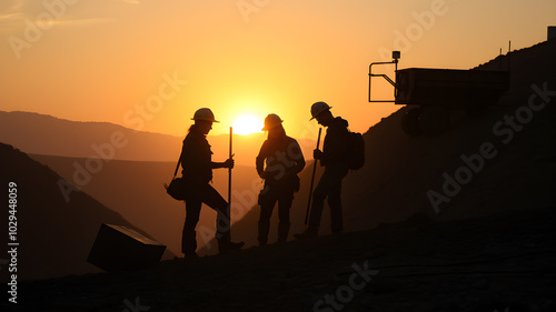 Outdoor photo of silhouette women and men miners workers working on open air diamond mine. Generative AI