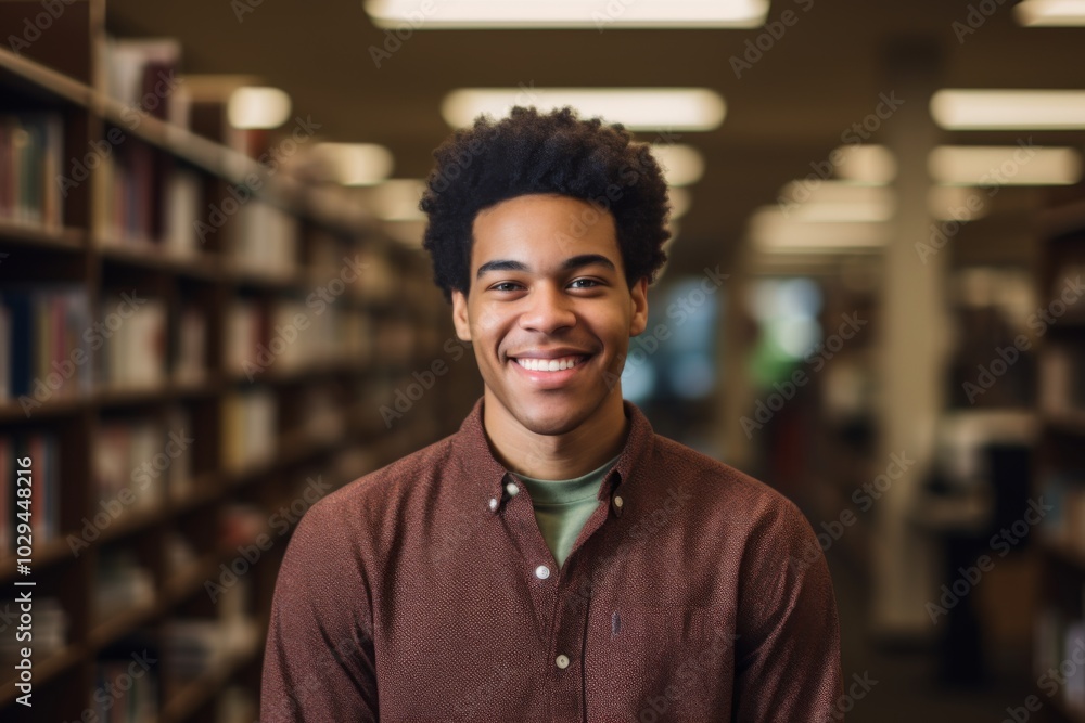 Fototapeta premium Portrait of a African American male student in library