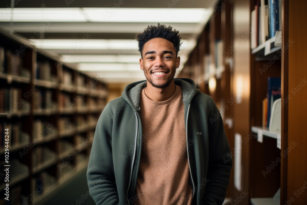 Fototapeta premium Portrait of a African American male student in library