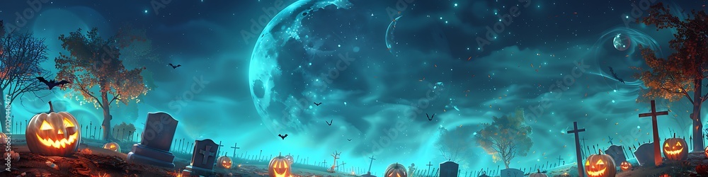Fototapeta premium Halloween background, pumpkins, moon, glowing trees, spooky graveyard, jack o' lanterns.