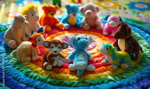 Plush animals arranged in a circle on a playmat, 4K hyperrealistic photo