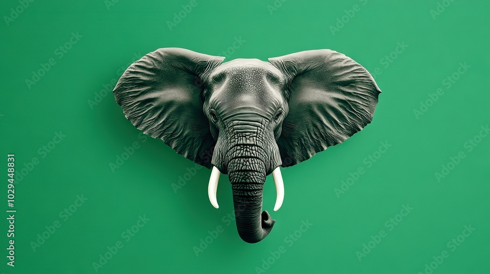 An elephant's head with tusks is depicted above a green background An elephant's head with tusks is depicted above a green background