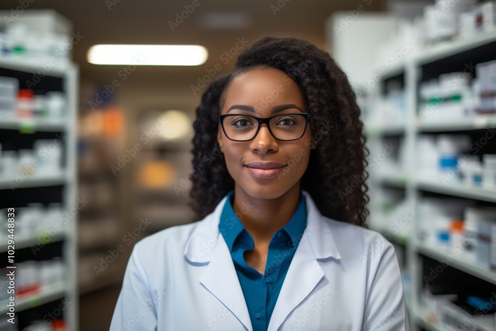 Portrait of a middle aged African American female pharmacist in pharmacy Portrait of a middle aged African American female pharmacist in pharmacy