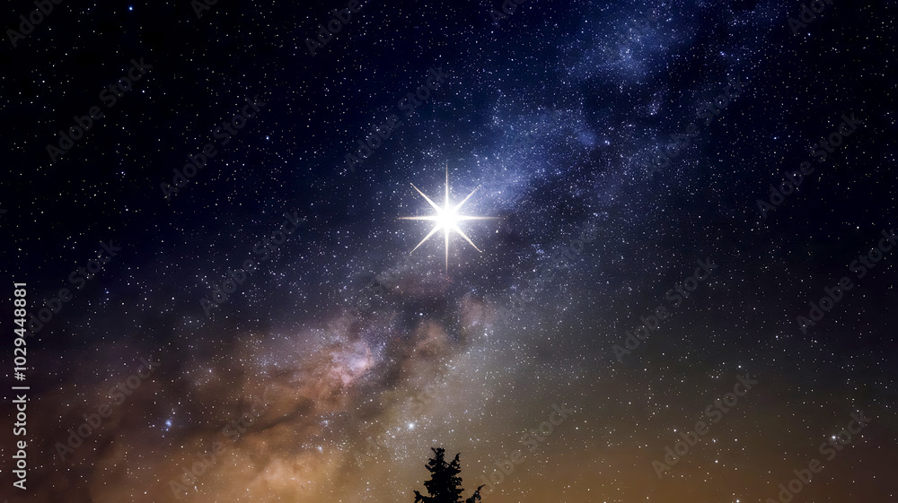 Naklejka premium A Star in the Night Sky Radiant Light Piercing Through the Darkness, a Celestial Beacon