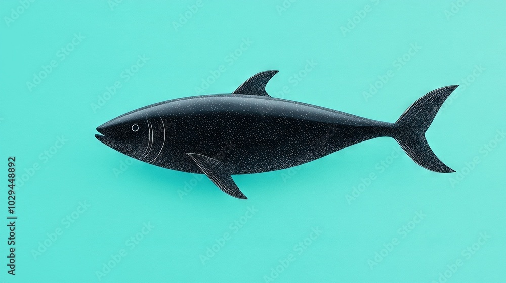 A black plastic fish sits atop a light blue surface, which rests on another light blue surface, all set against a light blue background A black plastic fish sits atop a light blue surface, which rests on another light blue surface, all set against a light blue background