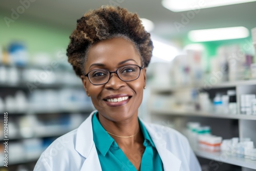 Portrait of a middle aged African American female pharmacist in pharmacy