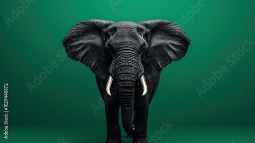   An elephant stands on a green background with its tusks curved into an elephant's head shape