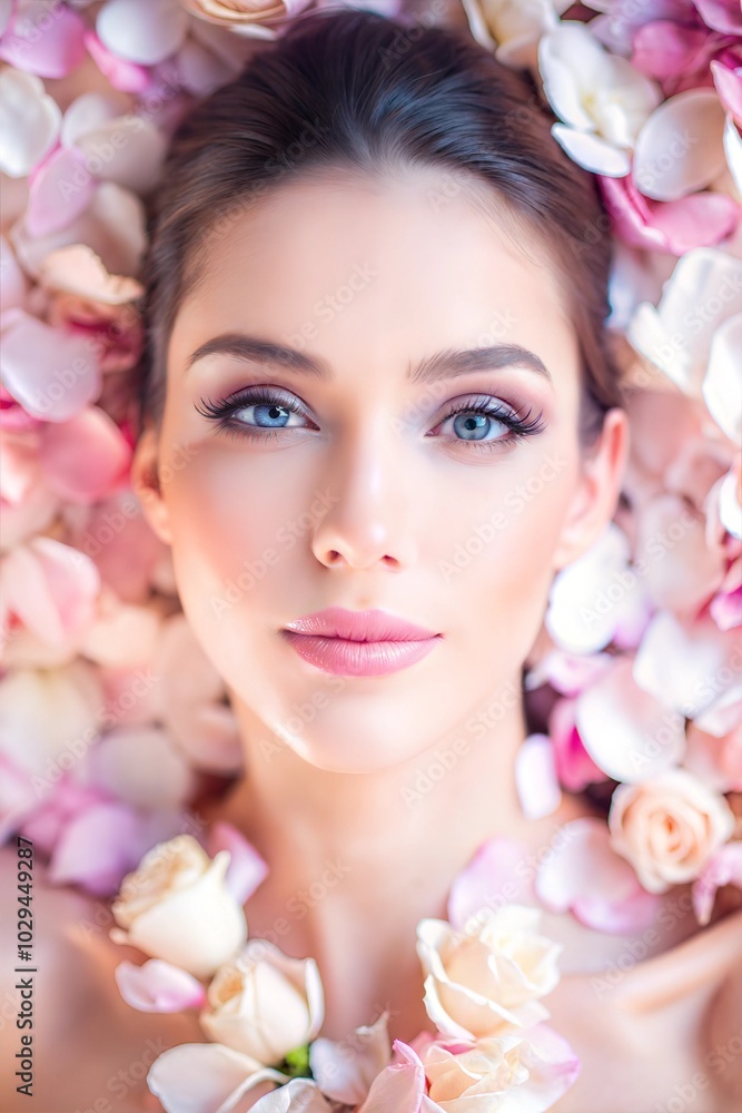 A young woman poses peacefully with her head among various colorful flowers, creating a serene and vibrant atmosphere that highlights her natural beauty and elegance. AI. A young woman poses peacefully with her head among various colorful flowers, creating a serene and vibrant atmosphere that highlights her natural beauty and elegance. AI.
