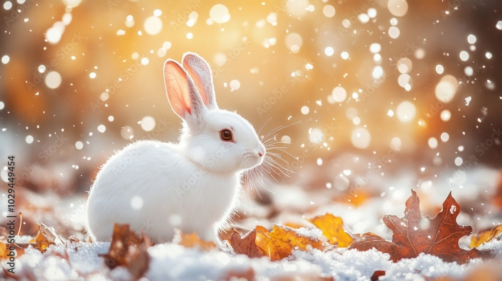 White bunny in the snow with autumn leaves and soft snowflakes falling against a warm bokeh background White bunny in the snow with autumn leaves and soft snowflakes falling against a warm bokeh background