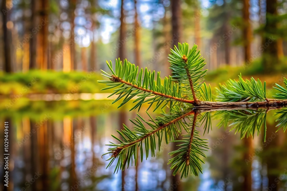 Pine twig reflecting on pine forest and sky background Pine twig reflecting on pine forest and sky background