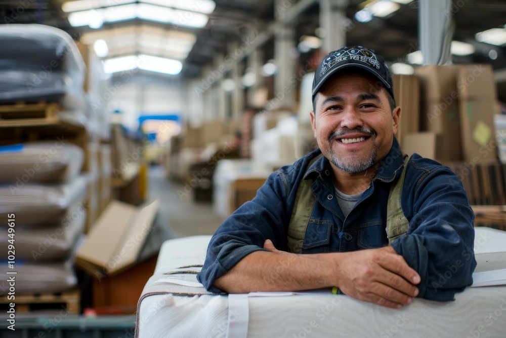 Portrait of a smiling Hispanic worker inside large furniture store Portrait of a smiling Hispanic worker inside large furniture store