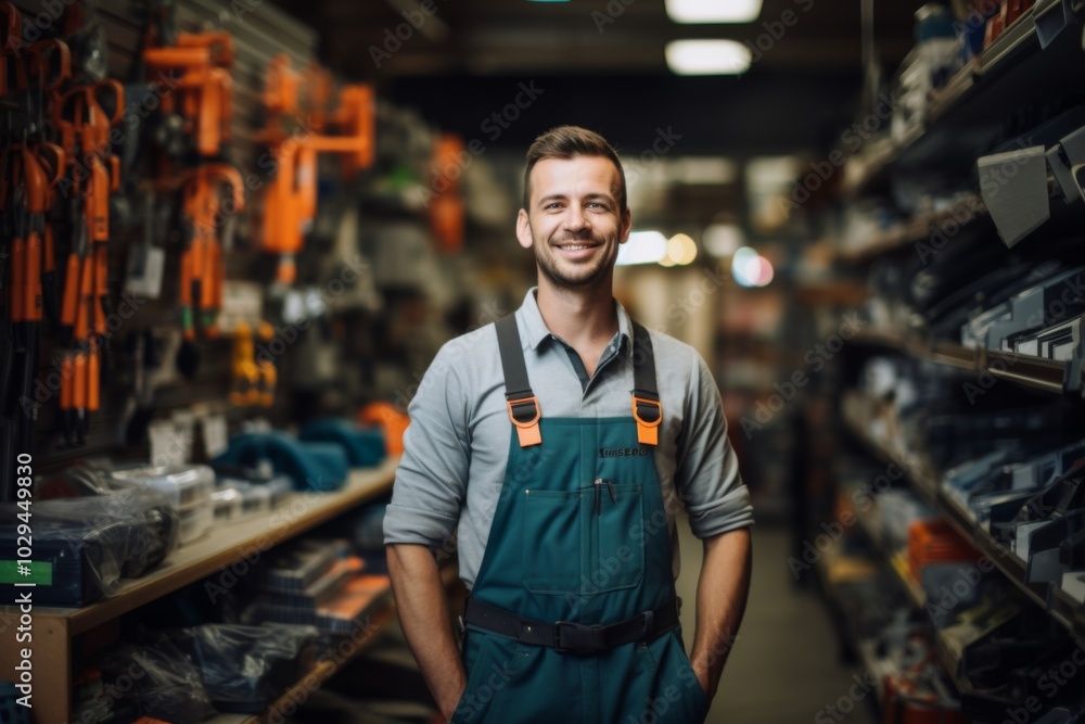 Portrait of a happy salesman standing in hardware store Portrait of a happy salesman standing in hardware store