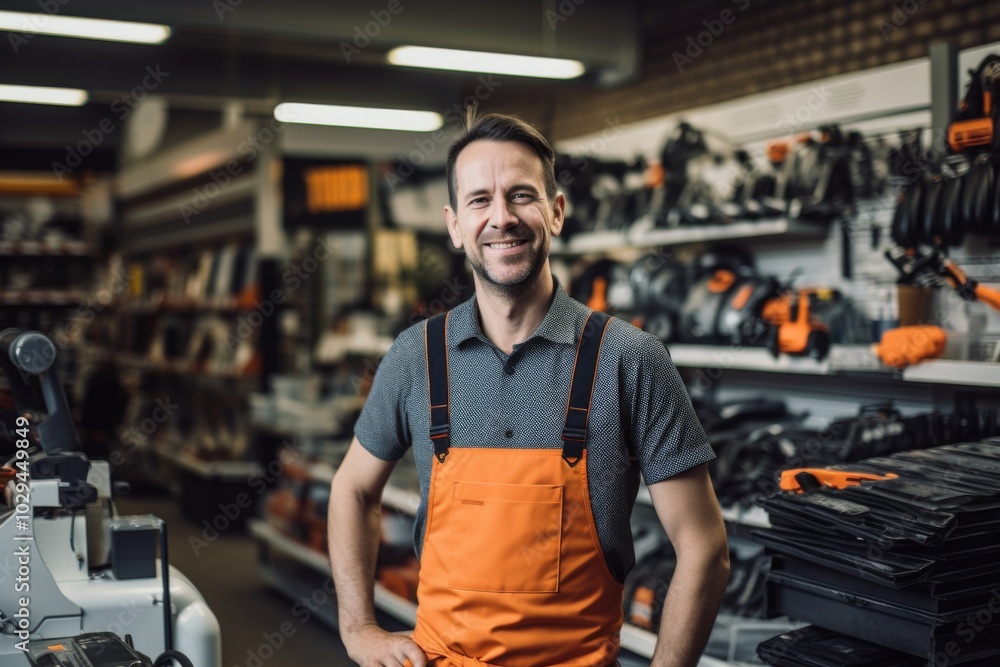 Portrait of a happy salesman standing in hardware store Portrait of a happy salesman standing in hardware store