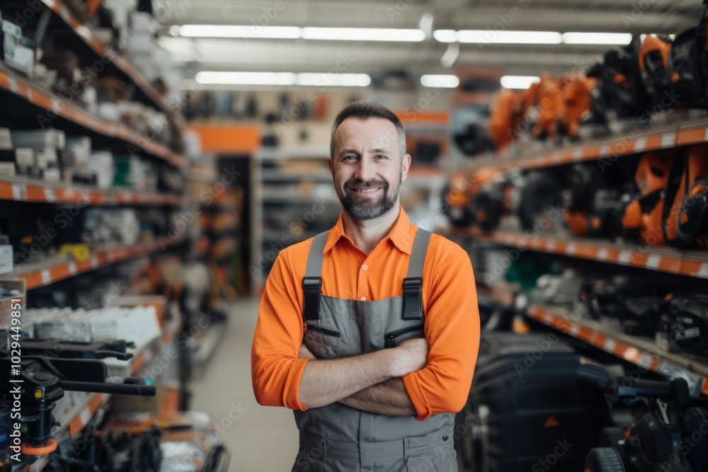 Portrait of a happy salesman standing in hardware store Portrait of a happy salesman standing in hardware store
