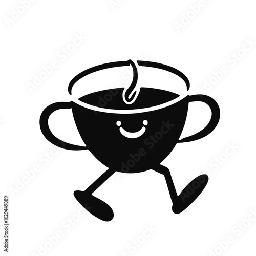 A cartoon coffee cup with arms and legs walking, with a smiling face 