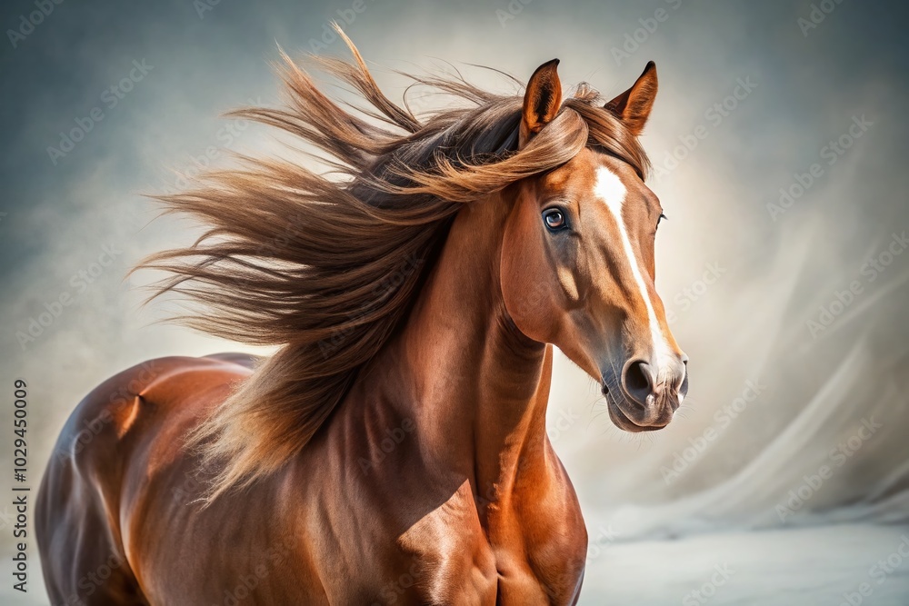 Majestic Brown Horse Walking Gracefully on White Surface - Captivating Portrait Photography Majestic Brown Horse Walking Gracefully on White Surface - Captivating Portrait Photography