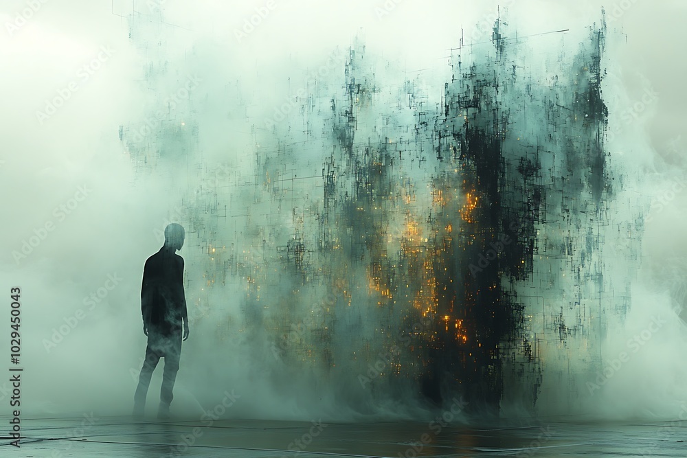 A lone man silhouette standing before a mysterious, abstract structure shrouded in fog. A lone man silhouette standing before a mysterious, abstract structure shrouded in fog.