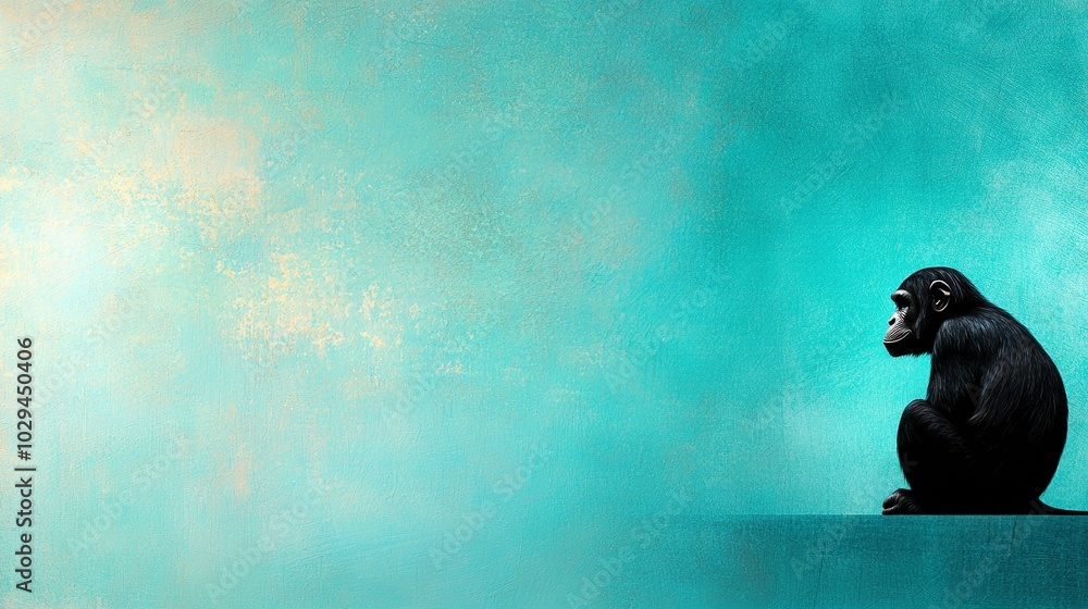 A monkey sits against a blue wall on a green background with a lighter shade of green in the background A monkey sits against a blue wall on a green background with a lighter shade of green in the background