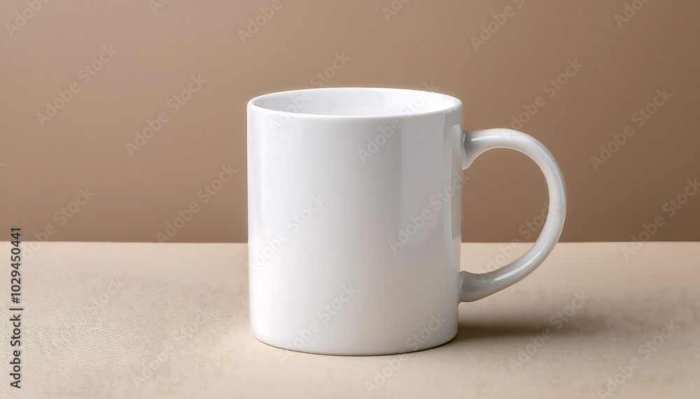 A plain white mug mockup on a neutral beige background showing the side view for branding and design purposes. Generative AI A plain white mug mockup on a neutral beige background showing the side view for branding and design purposes. Generative AI