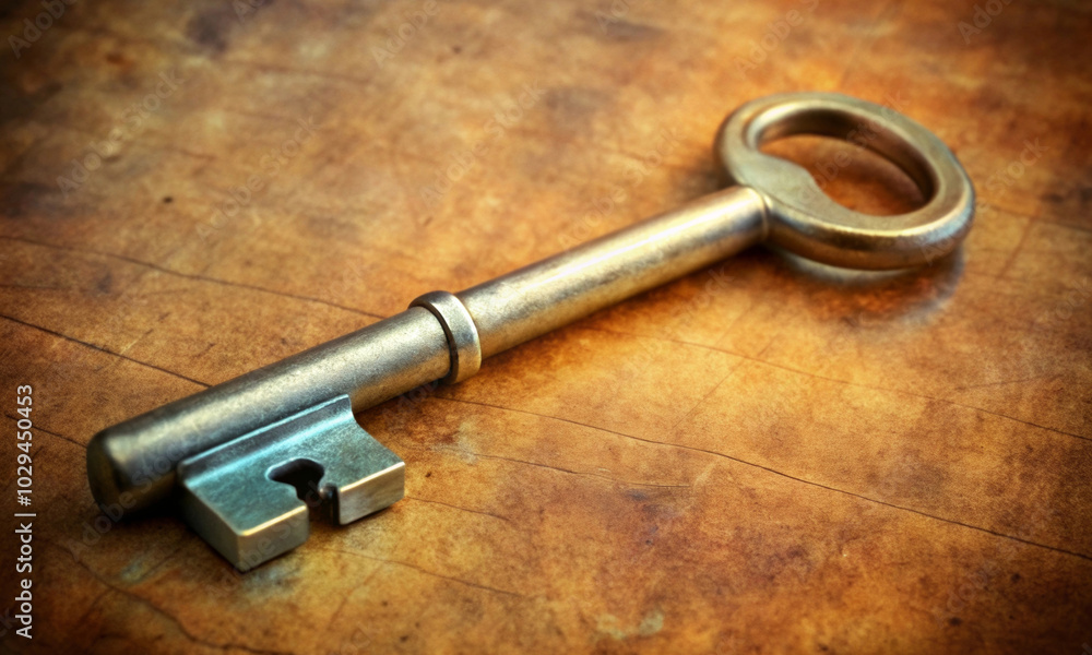 An old-fashioned metal key lies on a textured surface An old-fashioned metal key lies on a textured surface