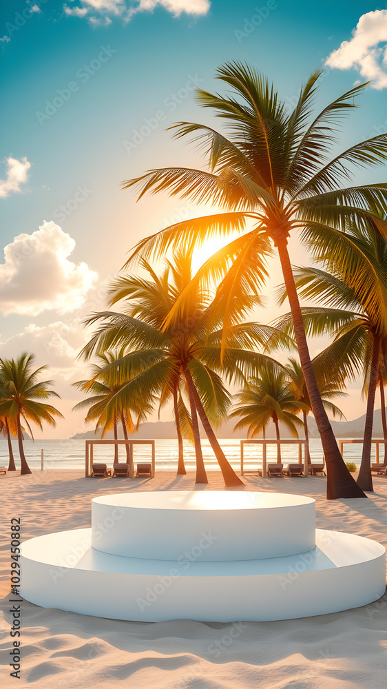 Luxury big empty white podium in the middle of the tropical beach and shows the intense heat of the weather with a scorching sun on the background. Generative AI Luxury big empty white podium in the middle of the tropical beach and shows the intense heat of the weather with a scorching sun on the background. Generative AI