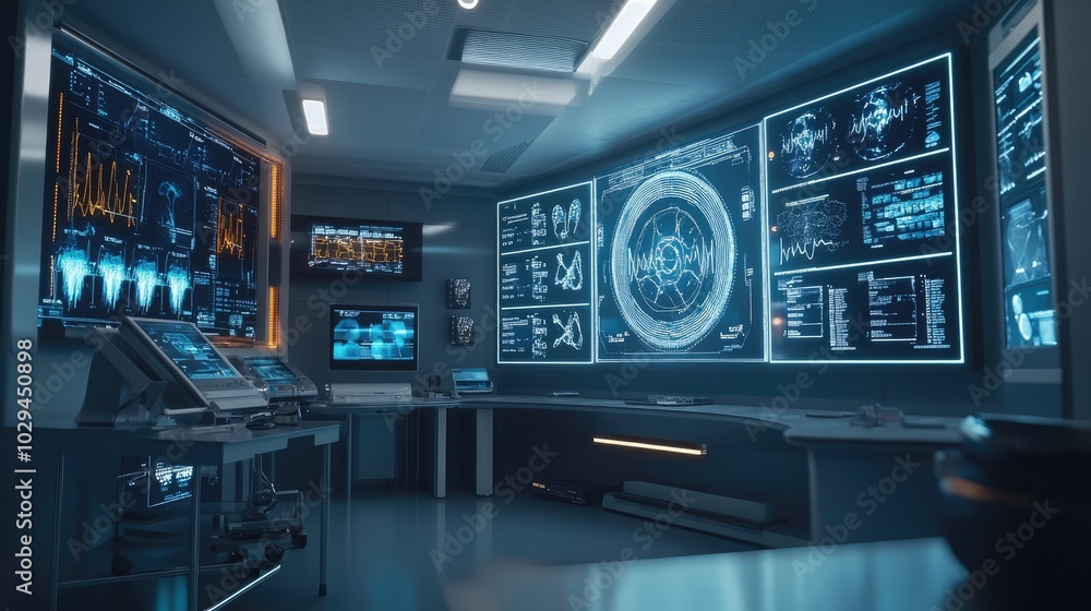 Digital displays in a modern medical school simulation lab. Digital displays in a modern medical school simulation lab.