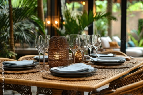 rattan dining set, rattan dining set with ambient lighting creating a cozy dining spot