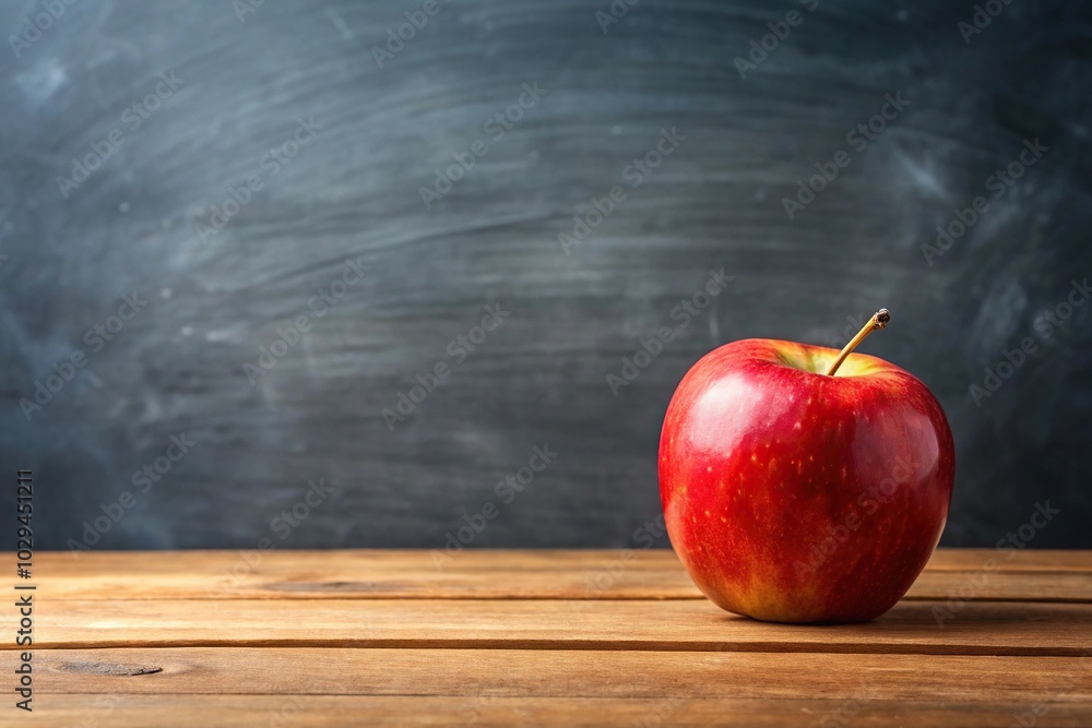 red apple on wooden table in front of tilted blackboard red apple on wooden table in front of tilted blackboard