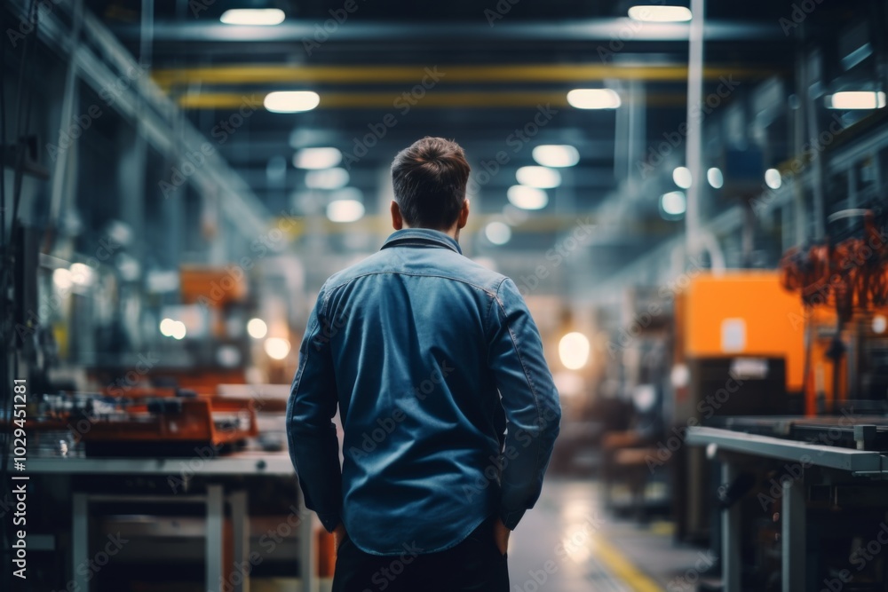 Rear view of a quality assurance technician working in factory