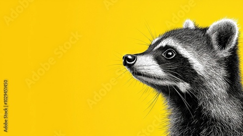  A focused image of a raccoon's face on a yellow backdrop, with a contrasting black-and-white illustration of the same animal