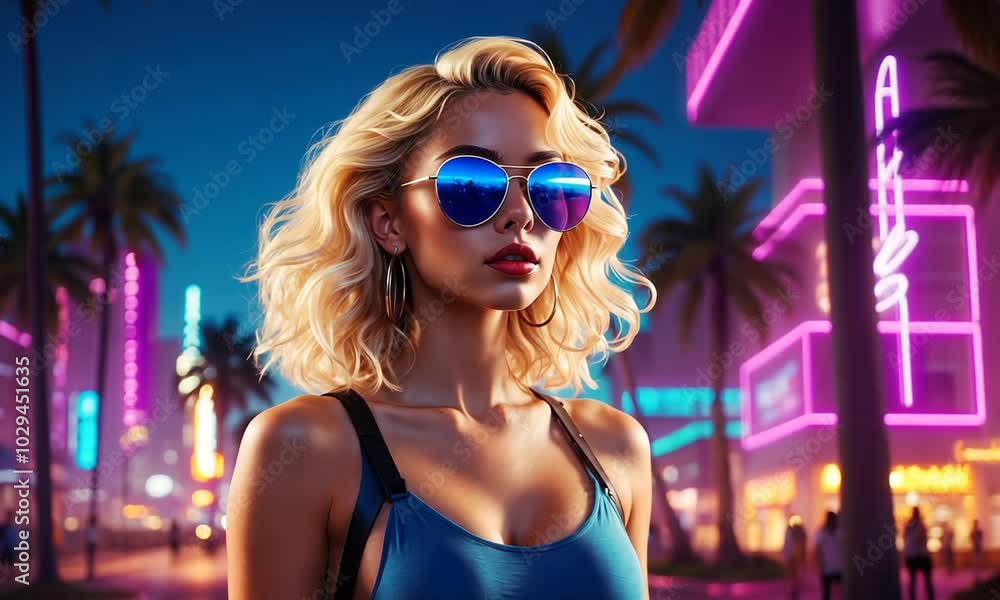 A young woman enjoys a late-night walk, surrounded by colorful neon lights and palm trees, embodying the vibrant energy of the city after sunset A young woman enjoys a late-night walk, surrounded by colorful neon lights and palm trees, embodying the vibrant energy of the city after sunset