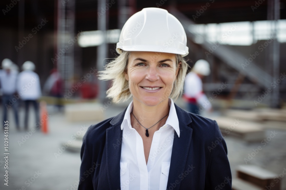 Smiling portrait of a middle aged female Caucasian businesswoman on construction site Smiling portrait of a middle aged female Caucasian businesswoman on construction site