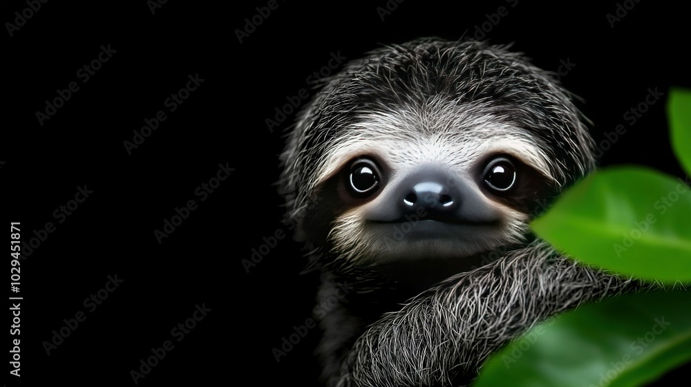 A close-up of a sloth on a branch with a leaf in the foreground against a black background A close-up of a sloth on a branch with a leaf in the foreground against a black background