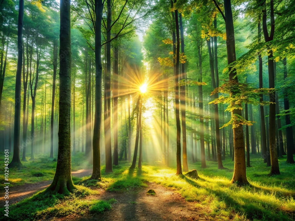 Majestic Forest with Crepuscular Rays Illuminating the Canopy - Nature's Tranquil Beauty Majestic Forest with Crepuscular Rays Illuminating the Canopy - Nature's Tranquil Beauty