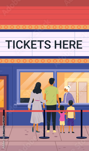 Family buying tickets at theater entrance ticket booth colorful scene queue waiting illustration