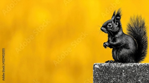  A black squirrel perched on a cement block with a yellow backdrop and another black squirrel standing beside it