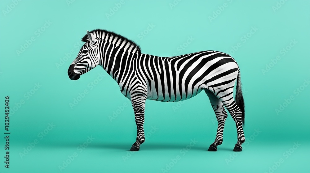 A zebra standing against a teal backdrop, adorned with black and white stripes on its body A zebra standing against a teal backdrop, adorned with black and white stripes on its body